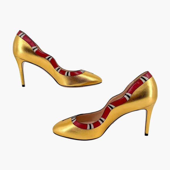 Gucci Yoko Snake Gold Metallic Leather Pumps High Heels Shoes Size 38.5 US 8.5 - Picture 12 of 16